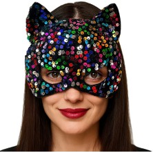 Timion Siyah Kadife Kumaş Üzerine Rengarenk Payetli Pullu Parti Maskesi 16X14 cm