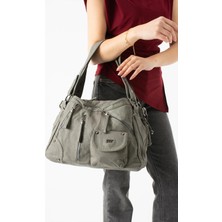 571 Collections Çanta Yıkanmış Deri Çok Bölmeli Omuz Çantası Gri Model:(571-14-11K)