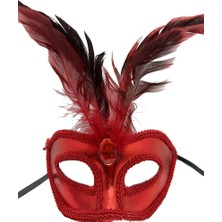 Timion Kırmızı Renk Rugan Kaplama Kırmızı Tüylü Parti Maskesi 18X20 cm