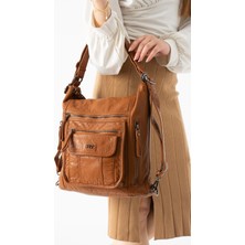 571 Collections Çanta Yıkanmış Deri Hem Sırt Hem Omuz Çantası Taba Model: (571-14-18D)