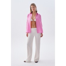 Kadın Ekru Beli Lastikli Fitilli Wide Leg Örme Pantolon