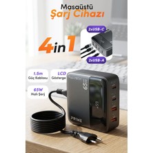 Fulltech FC55 65W GaN Masaüstü Şarj Cihazı 4’lü | 2x USB-C + 2x USB-A Hızlı Şarj Hub, LCD Ekranlı, 1.5m Kablolu Çoklu Şarj İstasyonu