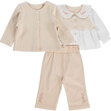 Lüks Kumru Yakası Nakışlı Hırkalı 3 Lü 6-18 Ay Takım - Bej 18-24 Ay