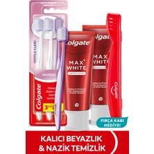 Colgate Max White Kalıcı Beyazlık 75 ml 2li Diş Macunu, Gentle Clean 2+1 Diş Fırçası+Fırça Kabı