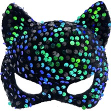 Timion Siyah Kadife Kumaş Üzerine Mavi Yeşilli Payetli Pullu Parti Maskesi 16X14 cm