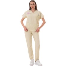 Jüniper En- Boy Likralı Bej Kadın Scrubs Takım