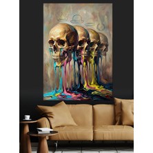 Karizma Tablo Renk Sıçramalı Üçlü Kurukafa Tasarımı Dekoratif Kanvas - Mdf Ahşap Tablo