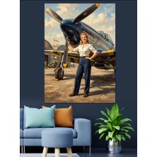 Karizma Tablo Uçak Önünde Duran Pilot Kadın Dekoratif Kanvas - Mdf Ahşap Tablo