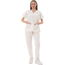 Jüniper En- Boy Likralı Ekru Kadın Scrubs Takım