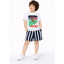 Cg Kids Malibu Kabartma Baskılı Tshirt Çizgili Lacivert Şort ile Süper Kalite