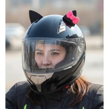 3D Fabrick Kask Süsü -Motor & Motosiklet Pembe Fiyonklu Siyah Kedi Kulak Kask Dış Aksesuarı
