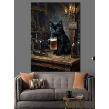 Karizma Tablo Bira Içen Siyah Kedi Tablosu Dekoratif Kanvas - Mdf Ahşap Tablo