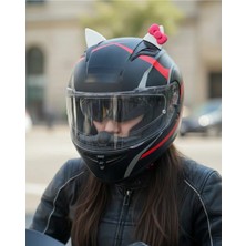 3D Fabrick Kask Süsü -Motor & Motosiklet Pembe Fiyonklu Beyaz Kedi Kulak Kask Dış Aksesuarı