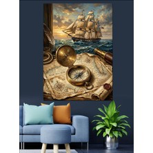 Karizma Tablo Antik Harita ve Denizci Pusulası Dekoratif Kanvas - Mdf Ahşap Tablo