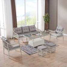 EVDEMO Joy Rattan Puflu Bahçe Balkon Takımı 3+1+1+ Camlı Masa Kemik Rengi