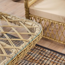 EVDEMO Edra Rattan Puflu Bahçe Balkon Takımı Cappuccino 3+1+1 Camlı Masa Plastik Rattan Konforlu Kullanım