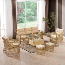 EVDEMO Edra Rattan Puflu Bahçe Balkon Takımı Cappuccino 3+1+1 Camlı Masa Plastik Rattan Konforlu Kullanım
