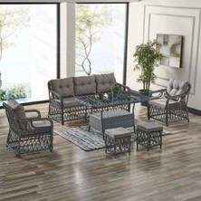 Edra Rattan Puflu Bahçe Balkon Takımı 3+1+1+Camlı Masa Gri