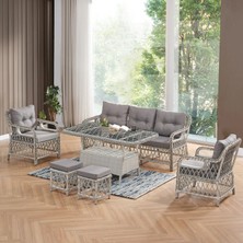 Edra Rattan Puflu Bahçe Balkon Takımı 3+1+1+Camı Masa Kemik Rengi