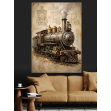 Karizma Tablo Antik Kağıt Üzerinde Lokomotif Planı Dekoratif Kanvas - Mdf Ahşap Tablo