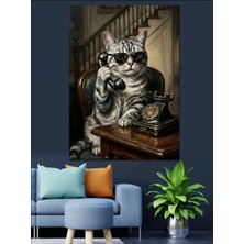 Karizma Tablo Gözlüklü ve Telefonla Konuşan Kedi Dekoratif Kanvas - Mdf Ahşap Tablo