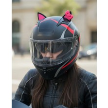 3D Fabrick Kedi Kulağı Çift Renk Siyah Pembe - Pembe Fiyonklu Kask Aksesuarı