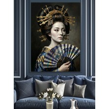 Karizma Tablo Geleneksel Geyşa ve Yelpaze Portresi Dekoratif Kanvas - Mdf Ahşap Tablo