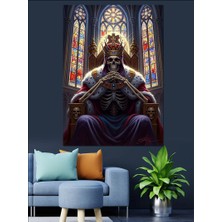 Karizma Tablo Kilise Penceresinde Tahtında Oturan Iskelet Dekoratif Kanvas - Mdf Ahşap Tablo