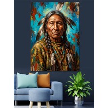 Karizma Tablo Kızılderili Reisi Geleneksel Portre Tablo Dekoratif Kanvas - Mdf Ahşap Tablo