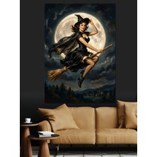 Karizma Tablo Süpürgesiyle Uçan Modern Cadı Figürü Dekoratif Kanvas - Mdf Ahşap Tablo