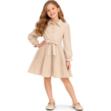 Kız Çocuk Bej Piliseli Elbise – Şık ve Zarif Tasarım