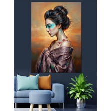 Karizma Tablo Mavi Çizgili Yüzlü Japon Kadın Dekoratif Kanvas - Mdf Ahşap Tablo