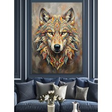 Karizma Tablo Etnik Desenli Bozkurt Yüzü Portresi Dekoratif Kanvas - Mdf Ahşap Tablo