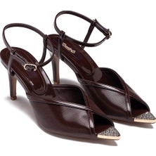 Dedos Kadın Bilekten Bağlamalı Taşlı Yüksek Topuklu Arkası Açık Sivri Burun Rugan Abiye Ayakkabı 17435