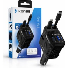 Kensa 4 Port Araç Şarj Cihazı 3 USB + Type-C Pd 3.0 Hızlı Şarj LED Voltaj Göstergeli