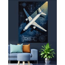 Karizma Tablo Mavi Teknik Uçak Şeması Tablo Dekoratif Kanvas - Mdf Ahşap Tablo