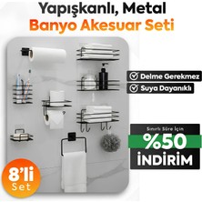 S & T Home Yapışkanlı Siyah Metal Banyo Aksesuar Seti 8 Parça – Delme Gerektirmez, Paslanmaz