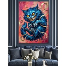 Karizma Tablo Çılgın Mavi Kedi Illüstrasyon Tablo Dekoratif Kanvas - Mdf Ahşap Tablo