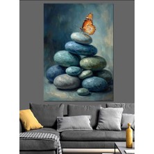 Karizma Tablo Çakıl Taşları Üzerinde Mavi Kelebek Dekoratif Kanvas - Mdf Ahşap Tablo