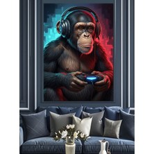 Karizma Tablo Kulaklıklı ve Oyun Konsollu Şempanze Dekoratif Kanvas - Mdf Ahşap Tablo