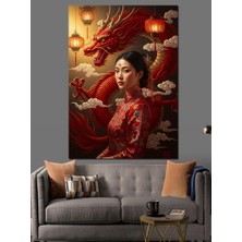 Karizma Tablo Kırmızı Elbiseli Kadın ve Ejderha Dekoratif Kanvas - Mdf Ahşap Tablo
