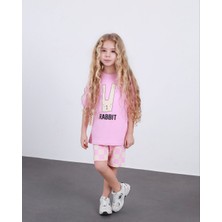 Cg Kids Rabbit Tavşan Baskılı Tshirt & Damalı Şort Pembe Alt Üst Takım Süper Kalite