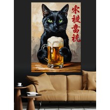 Karizma Tablo Bira Içen Siyah Kedi Illüstrasyonu Dekoratif Kanvas - Mdf Ahşap Tablo