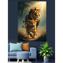 Karizma Tablo Birlikte Koşan Aslan ve Kükreyen Yavrusu Dekoratif Kanvas - Mdf Ahşap Tablo
