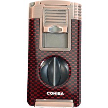 Cohiba Çift Torch Pürmüz Dahili Kesici Delicili Kırmızı Karbon Desenli Bronz Metal Puro Çakmağı