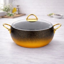 Lavonni Caldora 24 Cm Derin Granit Güveç Tencere Gold Saplı Cam Kapaklı Yapışmaz
