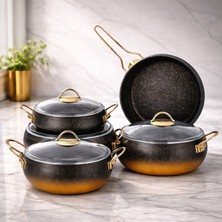 Lavonni Caldora 9 Parça Granit Güveç Tencere Seti Siyah Gold Saplı