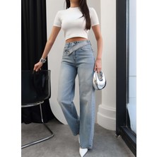 Esra Helvacı Taşlı Çapraz Bel Detaylı Wide Leg Jean