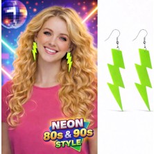 MiraLive 80’ler 90'lar Retro Neon Yeşil Şimşek Küpe 10 cm