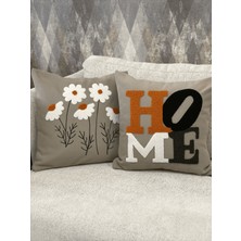 Zeora Home 2’li Dekoratif Pamuklu Kırlent Kılıfı Papatya Desenli & Home Yazılı Modern Bohem Etnik Salon Çift Katlı Kumaş